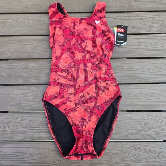 TYR Durafast Lite YOUTH Girls VESUVIUS MaxBack 1pc Swimsuit - Red Size 24 New - Picture 1 of 2